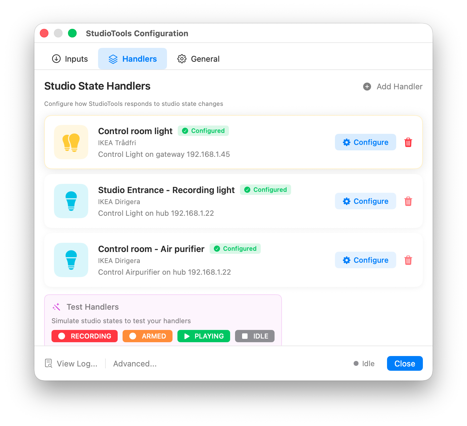 Handler list showing Trådfri light, Dirigera recording light and air purifier